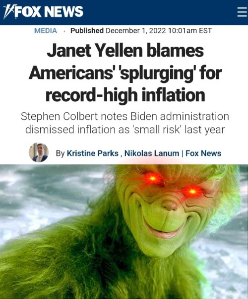 Janet Yellen On Stephen Colbert | image tagged in the grinch jim carrey,stephen colbert,inflation,consumerism,money,late night | made w/ Imgflip meme maker