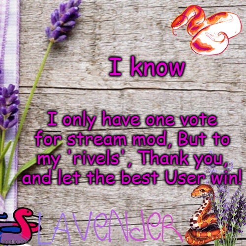 This isn't a story, it's a statment | I know; I only have one vote for stream mod, But to my 'rivels', Thank you, and let the best User win! | image tagged in announcement template,mod vote | made w/ Imgflip meme maker