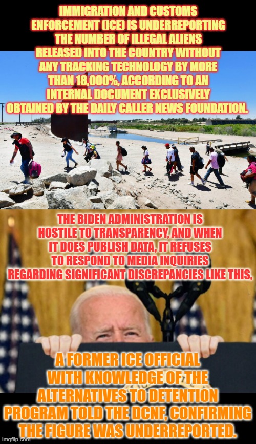 More Biden Blunders | IMMIGRATION AND CUSTOMS ENFORCEMENT (ICE) IS UNDERREPORTING THE NUMBER OF ILLEGAL ALIENS RELEASED INTO THE COUNTRY WITHOUT ANY TRACKING TECHNOLOGY BY MORE THAN 18,000%, ACCORDING TO AN INTERNAL DOCUMENT EXCLUSIVELY OBTAINED BY THE DAILY CALLER NEWS FOUNDATION. THE BIDEN ADMINISTRATION IS HOSTILE TO TRANSPARENCY, AND WHEN IT DOES PUBLISH DATA, IT REFUSES TO RESPOND TO MEDIA INQUIRIES REGARDING SIGNIFICANT DISCREPANCIES LIKE THIS, A FORMER ICE OFFICIAL WITH KNOWLEDGE OF THE ALTERNATIVES TO DETENTION PROGRAM TOLD THE DCNF, CONFIRMING THE FIGURE WAS UNDERREPORTED. | image tagged in memes,politics,ice,illegal immigrants,count,so wrong | made w/ Imgflip meme maker