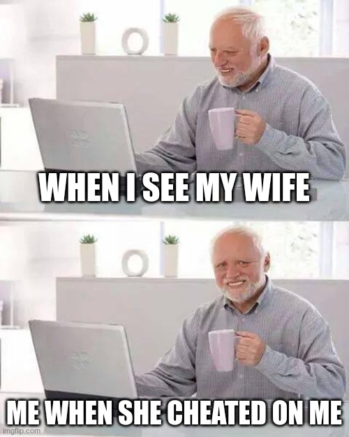 Hide the Pain Harold | WHEN I SEE MY WIFE; ME WHEN SHE CHEATED ON ME | image tagged in memes,hide the pain harold | made w/ Imgflip meme maker