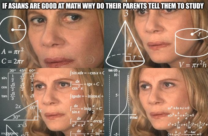 Calculating meme | IF ASIANS ARE GOOD AT MATH WHY DO THEIR PARENTS TELL THEM TO STUDY | image tagged in calculating meme | made w/ Imgflip meme maker