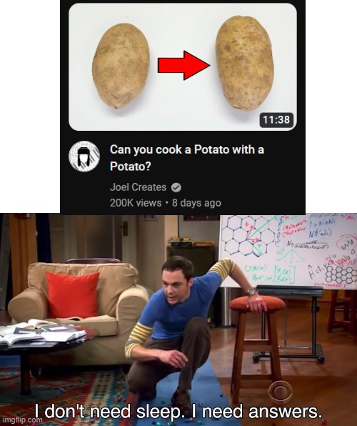 cooking potato with potato | image tagged in i don't need sleep i need answers | made w/ Imgflip meme maker