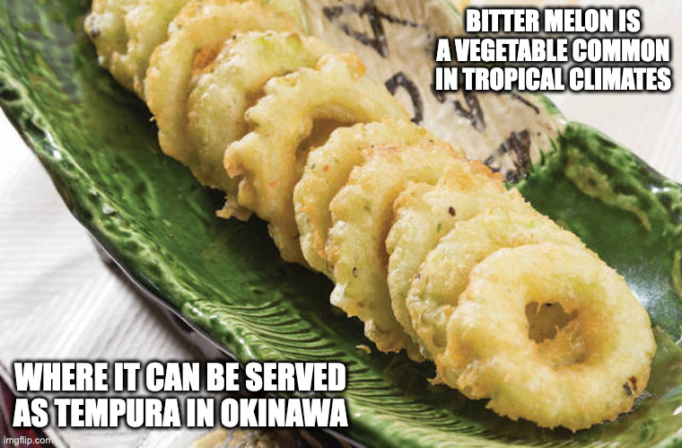 Bitter Melon Tempura | BITTER MELON IS A VEGETABLE COMMON IN TROPICAL CLIMATES; WHERE IT CAN BE SERVED AS TEMPURA IN OKINAWA | image tagged in food,memes | made w/ Imgflip meme maker