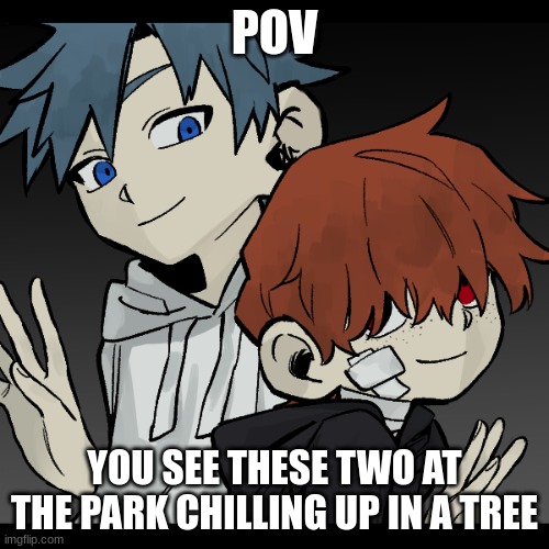 Tom and HJ RP|Any RP|If romance straight female/females needed|More than one OC is ok | POV; YOU SEE THESE TWO AT THE PARK CHILLING UP IN A TREE | image tagged in duo,dyanamic duo,blue boi red boi,no killing or hurting them | made w/ Imgflip meme maker