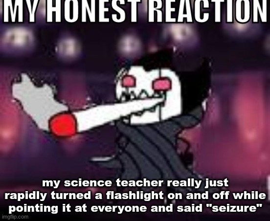 my honest reaction | my science teacher really just rapidly turned a flashlight on and off while pointing it at everyone and said "seizure" | image tagged in my honest reaction | made w/ Imgflip meme maker