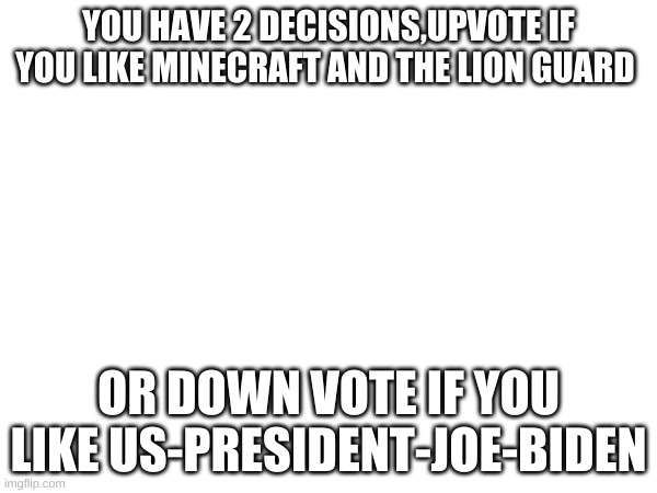 not an upvote beg | YOU HAVE 2 DECISIONS,UPVOTE IF YOU LIKE MINECRAFT AND THE LION GUARD; OR DOWN VOTE IF YOU LIKE US-PRESIDENT-JOE-BIDEN | image tagged in memes | made w/ Imgflip meme maker