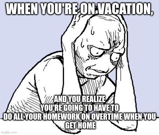 oh no... | WHEN YOU'RE ON VACATION, AND YOU REALIZE YOU'RE GOING TO HAVE TO DO ALL YOUR HOMEWORK ON OVERTIME WHEN YOU
 GET HOME | image tagged in stressed meme | made w/ Imgflip meme maker