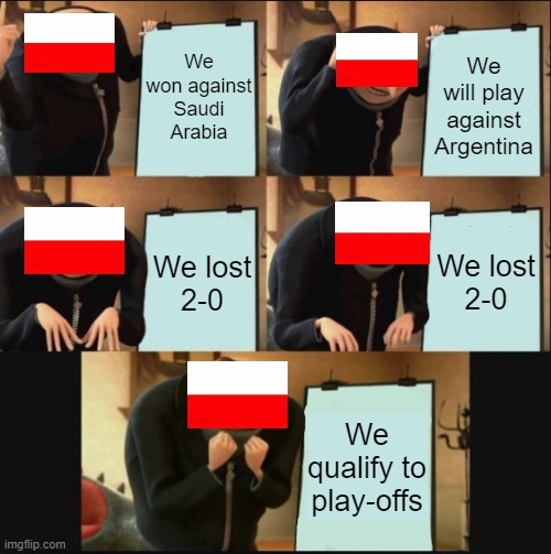 5 panel gru meme | We won against Saudi Arabia; We will play against Argentina; We lost
2-0; We lost
2-0; We qualify to play-offs | image tagged in 5 panel gru meme,poland,saudi arabia,argentina,world cup,football | made w/ Imgflip meme maker