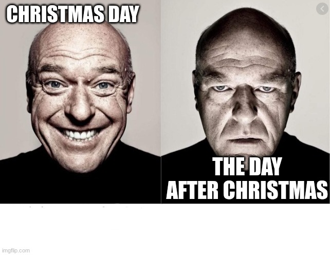 hank schrader | CHRISTMAS DAY; THE DAY AFTER CHRISTMAS | image tagged in hank schrader | made w/ Imgflip meme maker