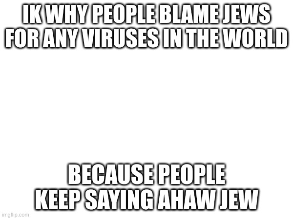 get it? | IK WHY PEOPLE BLAME JEWS FOR ANY VIRUSES IN THE WORLD; BECAUSE PEOPLE KEEP SAYING AHAW JEW | image tagged in blank white template | made w/ Imgflip meme maker