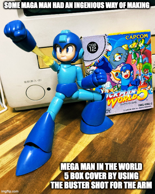 Mega Man World Figurine | SOME MAGA MAN HAD AN INGENIOUS WAY OF MAKING; MEGA MAN IN THE WORLD 5 BOX COVER BY USING THE BUSTER SHOT FOR THE ARM | image tagged in megaman,memes,figurine | made w/ Imgflip meme maker