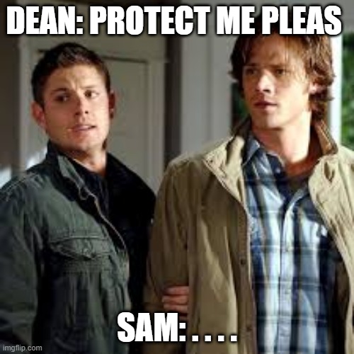 SAM AND DEAN | DEAN: PROTECT ME PLEAS; SAM: . . . . | made w/ Imgflip meme maker