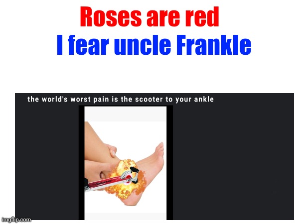 Idk why I called him 'UnclE frAnkle' | I fear uncle Frankle; Roses are red | image tagged in weird,funny memes,pain,uncle,roses are red,help | made w/ Imgflip meme maker