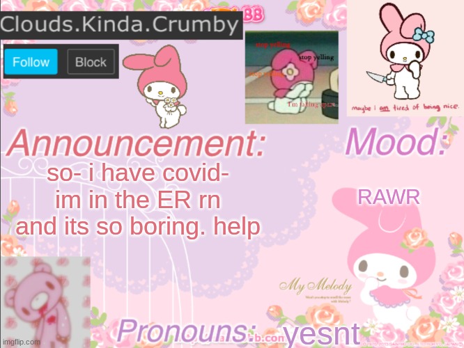 help | so- i have covid- im in the ER rn and its so boring. help; RAWR; yesnt | image tagged in clouds kinda crumby s announcement template | made w/ Imgflip meme maker