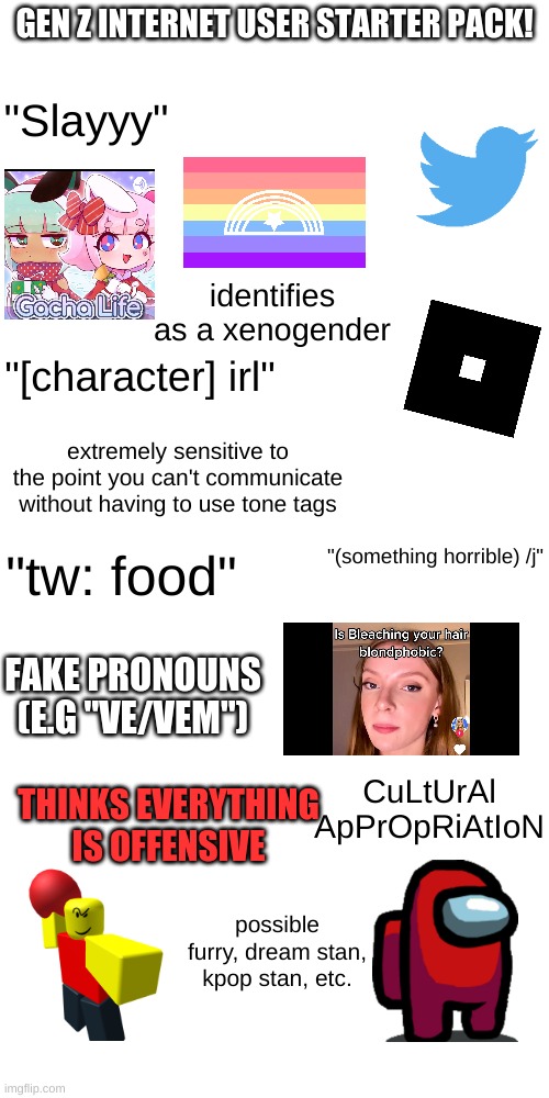 what has the world gone to | GEN Z INTERNET USER STARTER PACK! "Slayyy"; identifies as a xenogender; "[character] irl"; extremely sensitive to the point you can't communicate without having to use tone tags; "(something horrible) /j"; "tw: food"; FAKE PRONOUNS (E.G "VE/VEM"); THINKS EVERYTHING IS OFFENSIVE; CuLtUrAl ApPrOpRiAtIoN; possible furry, dream stan, kpop stan, etc. | image tagged in starter pack | made w/ Imgflip meme maker