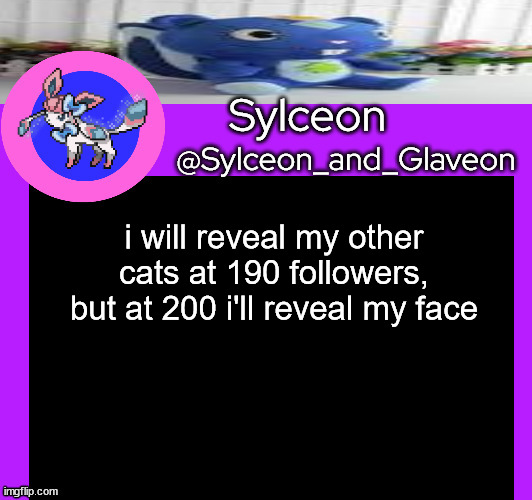 i will reveal my other cats at 190 followers, but at 200 i'll reveal my face | image tagged in sylceon_and_glaveon 5 0 | made w/ Imgflip meme maker