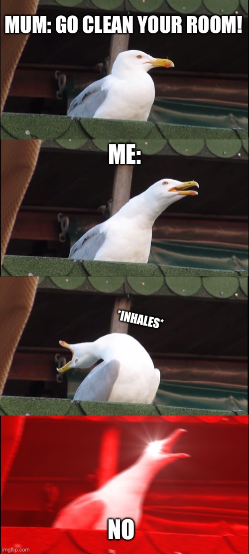 Inhaling Seagull | MUM: GO CLEAN YOUR ROOM! ME:; *INHALES*; NO | image tagged in memes,inhaling seagull | made w/ Imgflip meme maker