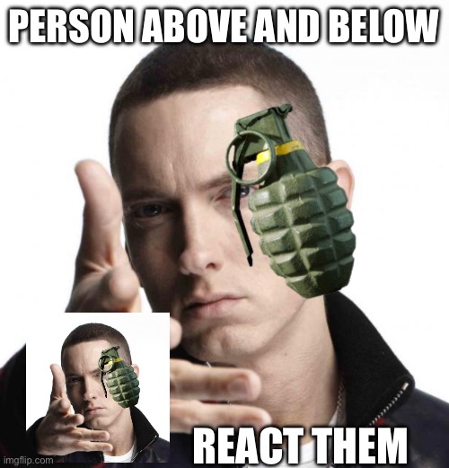 Eminem throwing grenade | PERSON ABOVE AND BELOW; REACT THEM | image tagged in eminem throwing grenade | made w/ Imgflip meme maker