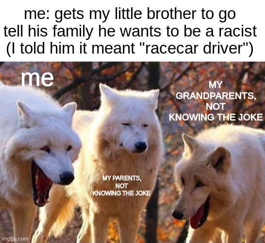 a slight twist on the old joke. | me: gets my little brother to go tell his family he wants to be a racist (I told him it meant "racecar driver"); me; MY GRANDPARENTS, NOT KNOWING THE JOKE; MY PARENTS, NOT KNOWING THE JOKE | image tagged in blank white template,laughing wolf | made w/ Imgflip meme maker