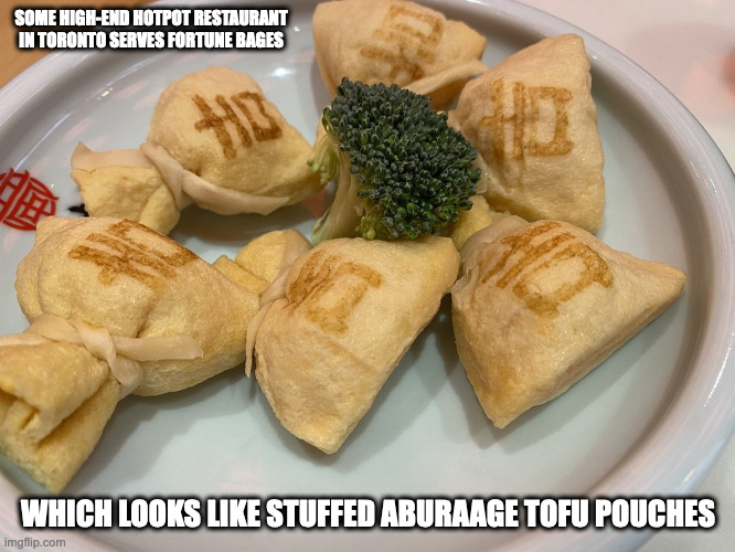 Fortune Bags | SOME HIGH-END HOTPOT RESTAURANT IN TORONTO SERVES FORTUNE BAGES; WHICH LOOKS LIKE STUFFED ABURAAGE TOFU POUCHES | image tagged in food,memes | made w/ Imgflip meme maker