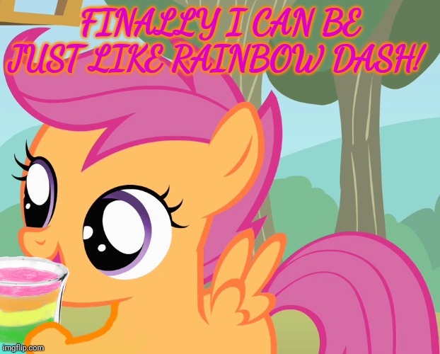 scootaloo's happy face #2 | FINALLY I CAN BE JUST LIKE RAINBOW DASH! | image tagged in scootaloo's happy face 2 | made w/ Imgflip meme maker