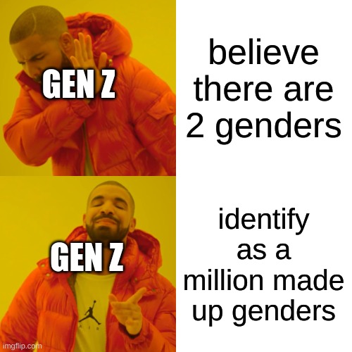 Drake Hotline Bling Meme | believe there are 2 genders identify as a million made up genders GEN Z GEN Z | image tagged in memes,drake hotline bling | made w/ Imgflip meme maker