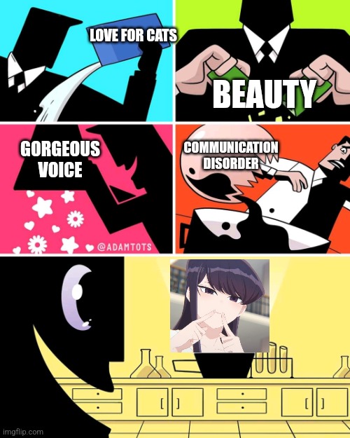 Well Done | LOVE FOR CATS; BEAUTY; COMMUNICATION DISORDER; GORGEOUS VOICE | image tagged in powerpuff girls creation with final result,komi can't communicate,memes | made w/ Imgflip meme maker