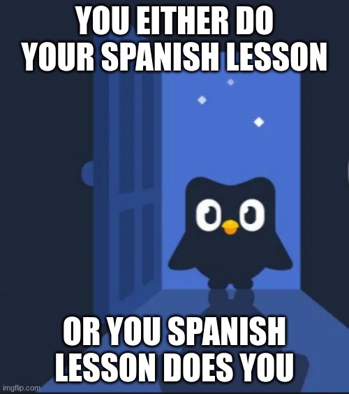 Very nice duolingo reminder | YOU EITHER DO YOUR SPANISH LESSON; OR YOU SPANISH LESSON DOES YOU | image tagged in duolingo bird | made w/ Imgflip meme maker