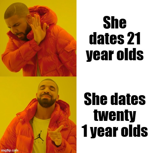 Drake Hotline Bling | She dates 21 year olds; She dates twenty 1 year olds | image tagged in drake hotline bling | made w/ Imgflip meme maker