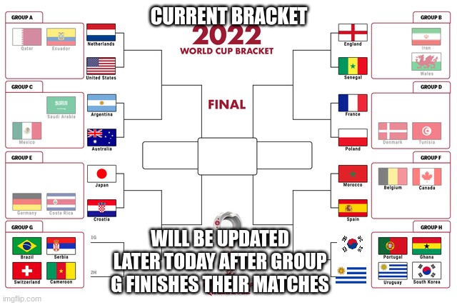 World Cup: Current Bracet   (Its fútbol Not Soccer) | CURRENT BRACKET; WILL BE UPDATED LATER TODAY AFTER GROUP G FINISHES THEIR MATCHES | image tagged in world cup,soccer,football | made w/ Imgflip meme maker