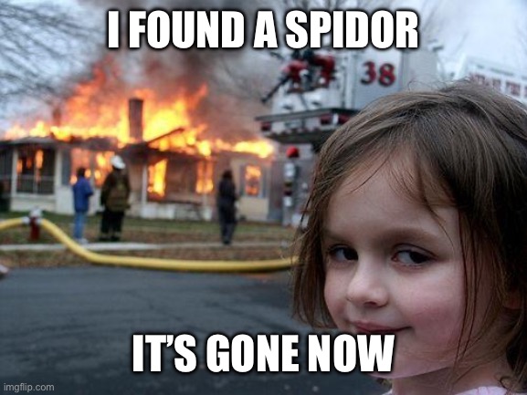 True story | I FOUND A SPIDOR; IT’S GONE NOW | image tagged in memes,disaster girl | made w/ Imgflip meme maker