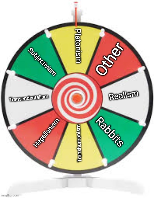 Spinning Wheel | Other; Platonism; Subjectivism; Realism; Transendentalism; Rabbits; Hegelianism; Transhumanism | image tagged in spinning wheel | made w/ Imgflip meme maker