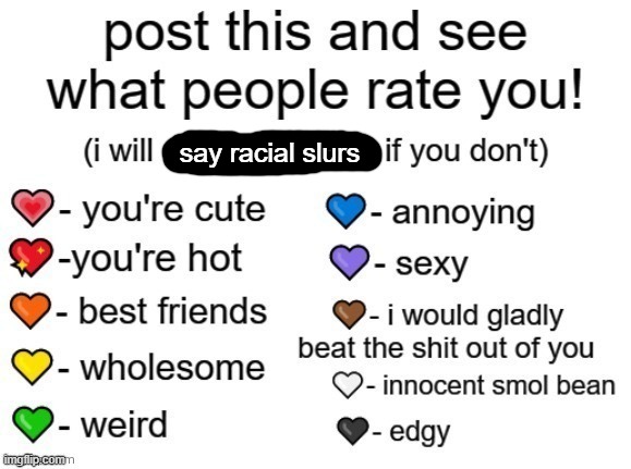 e | say racial slurs | image tagged in post this and see what people rate you | made w/ Imgflip meme maker