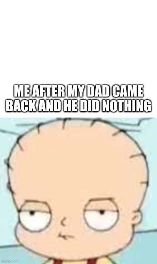 my dad | ME AFTER MY DAD CAME BACK AND HE DID NOTHING | image tagged in stewie griffin | made w/ Imgflip meme maker