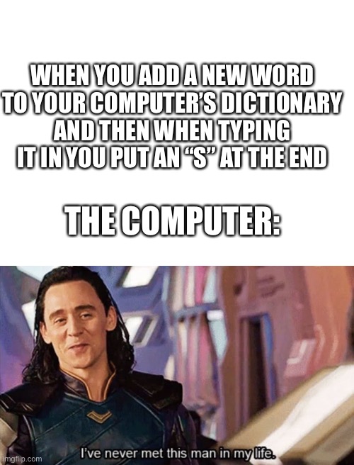 You probably won’t understand this… | WHEN YOU ADD A NEW WORD TO YOUR COMPUTER’S DICTIONARY AND THEN WHEN TYPING IT IN YOU PUT AN “S” AT THE END; THE COMPUTER: | image tagged in blank white template,i have never met this man in my life | made w/ Imgflip meme maker