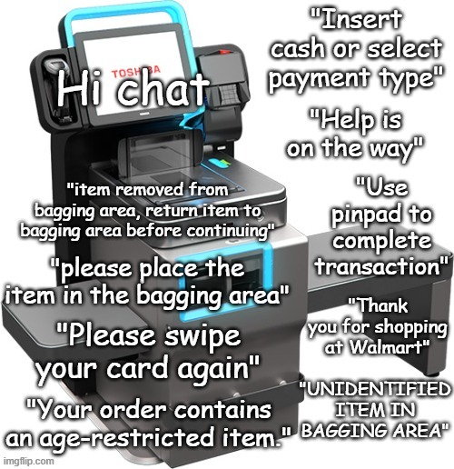 Hi chat | image tagged in self checkout | made w/ Imgflip meme maker