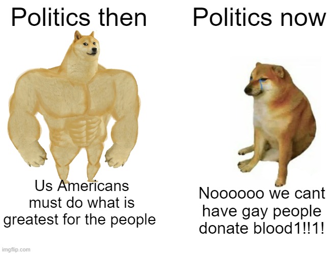 Uh oh here comes homophobic peoples ah! | Politics then; Politics now; Us Americans must do what is greatest for the people; Noooooo we cant have gay people donate blood1!!1! | image tagged in memes,buff doge vs cheems | made w/ Imgflip meme maker