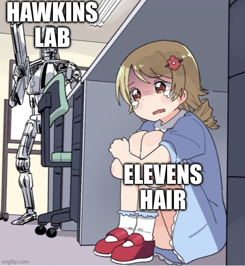 Anime Girl Hiding from Terminator | HAWKINS LAB; ELEVENS HAIR | image tagged in anime girl hiding from terminator | made w/ Imgflip meme maker