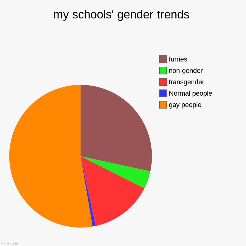 my schools' gender trends | gay people, Normal people, transgender, non-gender, furries | image tagged in charts,pie charts | made w/ Imgflip chart maker