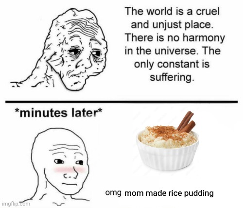 Comment if you love rice pudding (just like i do) | mom made rice pudding | image tagged in minutes later omg | made w/ Imgflip meme maker