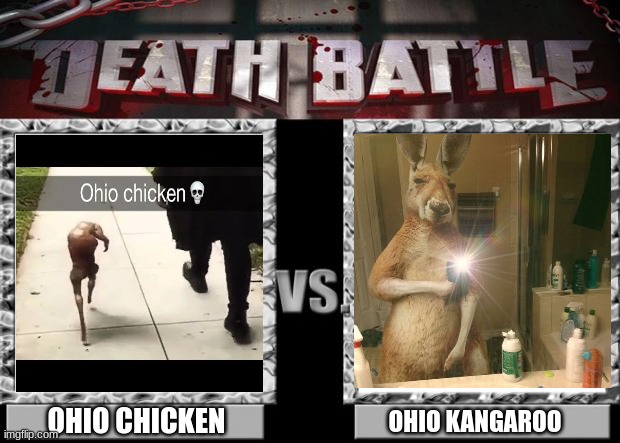 Who will win this bloody battle | OHIO CHICKEN; OHIO KANGAROO | image tagged in death battle,ohio | made w/ Imgflip meme maker