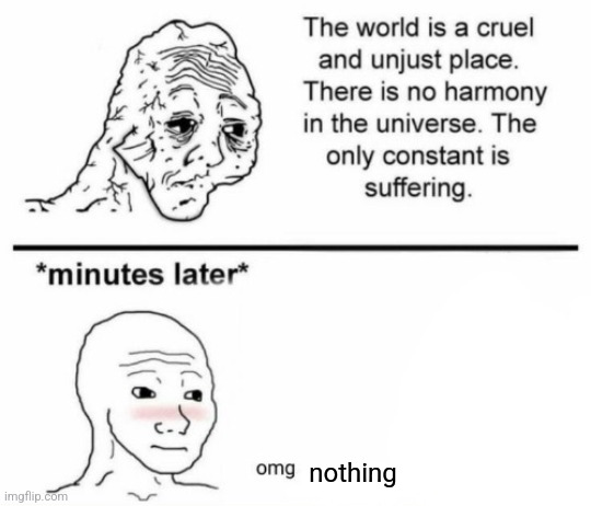 The only constant is suffering | nothing | image tagged in minutes later omg | made w/ Imgflip meme maker