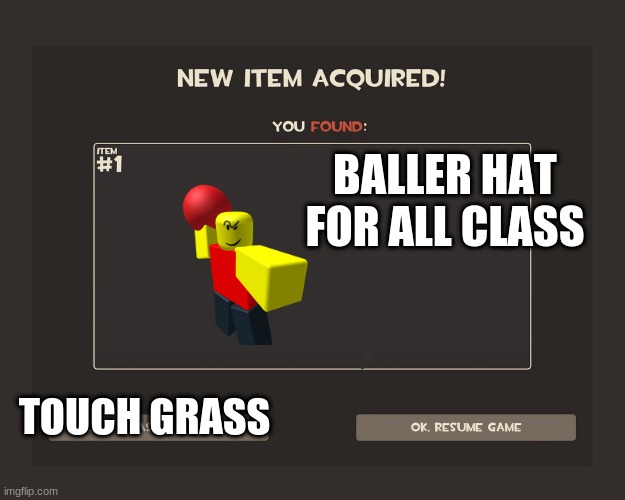 you found.... | BALLER HAT FOR ALL CLASS; TOUCH GRASS | image tagged in you got tf2 shit | made w/ Imgflip meme maker
