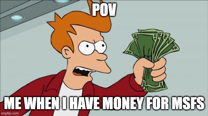 Hehe | POV; ME WHEN I HAVE MONEY FOR MSFS | image tagged in memes,shut up and take my money fry | made w/ Imgflip meme maker