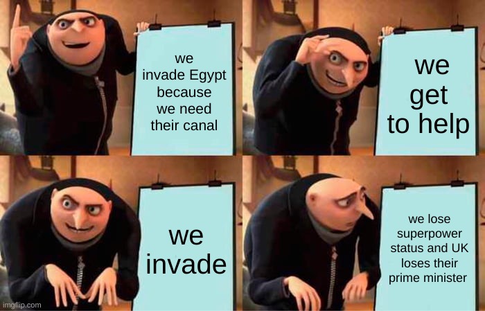 Gru's Plan | we invade Egypt because we need their canal; we get to help; we invade; we lose superpower status and the UK loses their prime minister | image tagged in memes,gru's plan | made w/ Imgflip meme maker