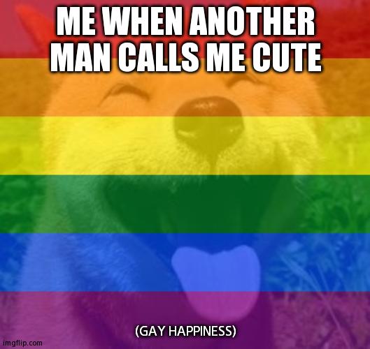 Based Off Of the_michael_afton's Post | ME WHEN ANOTHER MAN CALLS ME CUTE; (GAY HAPPINESS) | image tagged in happy doge,gay pride flag | made w/ Imgflip meme maker