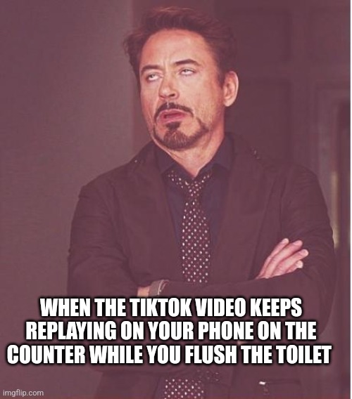 Idk why I do this but it irritates me every time | WHEN THE TIKTOK VIDEO KEEPS REPLAYING ON YOUR PHONE ON THE COUNTER WHILE YOU FLUSH THE TOILET | image tagged in memes,face you make robert downey jr | made w/ Imgflip meme maker