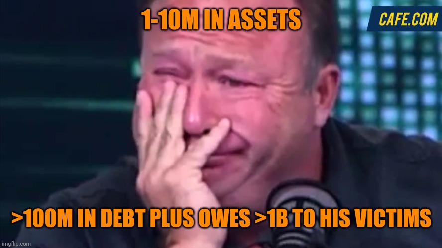 alex jones | 1-10M IN ASSETS >100M IN DEBT PLUS OWES >1B TO HIS VICTIMS | image tagged in alex jones | made w/ Imgflip meme maker