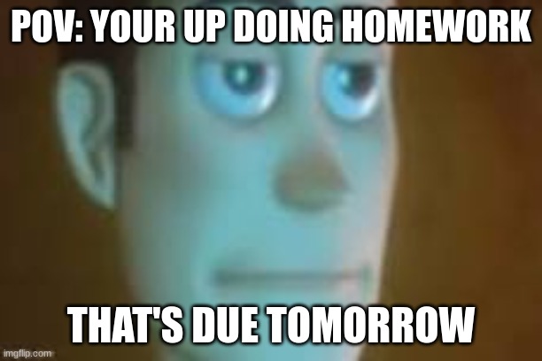 Woody doing homework | POV: YOUR UP DOING HOMEWORK; THAT'S DUE TOMORROW | image tagged in bored woody | made w/ Imgflip meme maker