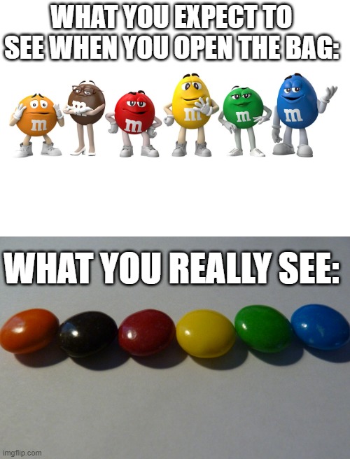 Sadness | WHAT YOU EXPECT TO SEE WHEN YOU OPEN THE BAG:; WHAT YOU REALLY SEE: | image tagged in m and m | made w/ Imgflip meme maker